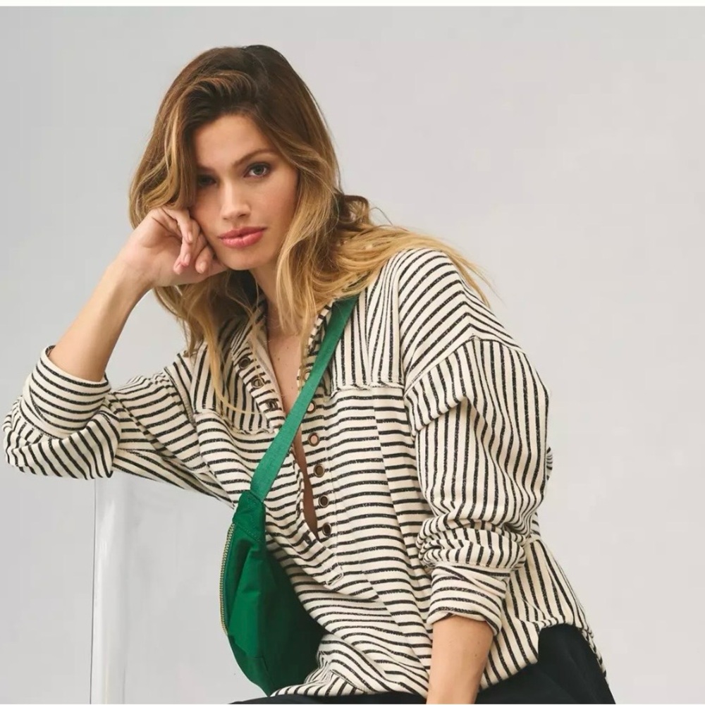 Pilcro Anthropologie Spliced Henley Black and White Stripe Top Shirt Size XXS